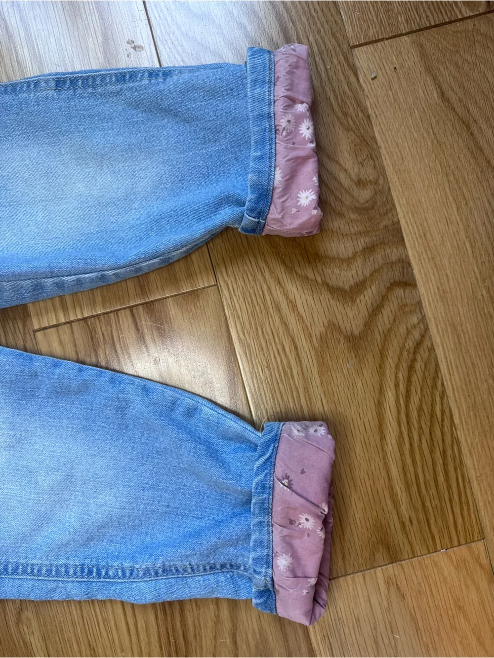 OshKosh B'gosh Light Blue Denim Overalls with Pink Floral Cuff Lining